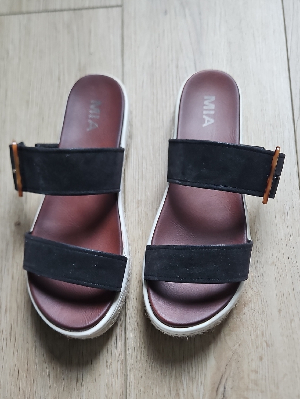 MIA Black "Suede" Double-Band Slide Espadrille Sandals with Buckle Accent Size 9